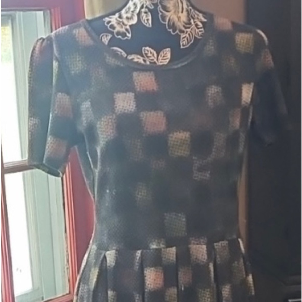 🌸 Lularoe Multiple Dark Gray Pastel Color Blocks, Flared Skirt Midi Dress Large